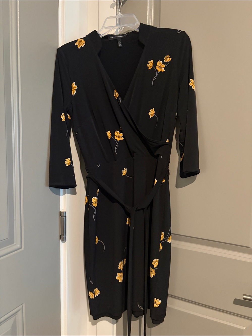 Black Floral Wrap Dress with Yellow Blossoms